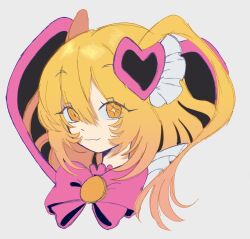  1girl :3 blonde_hair bow bowtie brooch don_quixote_(project_moon) e.g.o_(project_moon) hair_ornament heart heart-shaped_hair heart_hair_ornament highres in_the_name_of_love_and_hate_(e.g.o) jewelry limbus_company lobotomy_corporation_(identity)_(project_moon) long_hair looking_at_viewer missalioli pink_bow pink_bowtie portrait project_moon simple_background solo sparkling_eyes two_side_up white_background yellow_eyes 