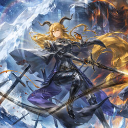  1girl animal_ears arknights armor artist_name black_gloves blonde_hair clothing_request commentary couter cuirass cuisses degenbrecher_(arknights) english_commentary faulds foot_out_of_frame gloves goat_ears goat_girl greaves helen_zzhao highres holding holding_sword holding_weapon horns iceberg long_hair looking_at_viewer multicolored_gloves open_mouth pauldrons plackart rainbow rerebrace sabaton shoulder_armor solo sword two-tone_gloves vambraces weapon yellow_eyes 