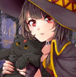  1girl black_cape black_hair cape cat coat collar collarbone dress fingerless_gloves gloves hat highres large_hat looking_at_viewer megumin open_mouth red_eyes short_hair witch_hat 