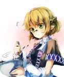  1girl arm_warmers bei_mochi blonde_hair blush bowl braid food food_on_face gradient gradient_background green_eyes highres looking_down mizuhashi_parsee pointy_ears scarf shirt short_hair short_sleeves solo sweatdrop touhou upper_body vest 