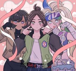  3girls bell-bottoms belt black_bodysuit blonde_hair bodysuit bodysuit_under_clothes brown_eyes brown_hair brown_jacket dark-skinned_female dark_skin emma_(pokemon) fingerless_gloves fingersmile gloves green_jacket hair_between_eyes harmony_(pokemon) headband highres jacket korrina_(pokemon) latex latex_bodysuit mega_stone midriff multicolored_gloves multiple_girls nemu_nemuizzz open_clothes open_jacket pants parted_bangs pink_background pointing pointing_at_self pokemon pokemon_legends:_z-a puffy_cheeks purple_headband shirt shorts star-shaped_pupils star_(symbol) symbol-shaped_pupils two-tone_gloves white_shirt 