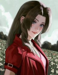  1girl absurdres aerith_gainsborough arm_belt breasts brown_hair choker closed_mouth dress field final_fantasy final_fantasy_vii final_fantasy_vii_rebirth final_fantasy_vii_remake flower flower_field highres jacket jeseni light_blush long_hair looking_at_viewer meadow medium_breasts outdoors parted_bangs pink_dress red_jacket short_sleeves sidelocks solo upper_body 