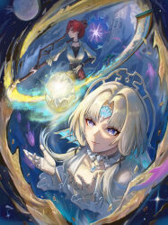  2girls abstract_background absurdres android blonde_hair breasts bright_pupils closed_mouth commentary_request cornerstone_(honkai:_star_rail) expressionless fins floating floating_object forehead_jewel graphia_(honkai:_star_rail) hands_up head_fins highres holding holding_brush honkai:_star_rail honkai_(series) isome jewelry joints light_smile long_hair looking_at_viewer looking_to_the_side medium_breasts moon multiple_girls necklace oversized_object paintbrush pearl_(honkai:_star_rail) phantasmoon_(honkai:_star_rail) red_eyes red_hair robot_joints scroll shirt violet_eyes white_pupils white_shirt 