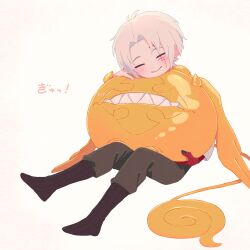  1boy absurdres allen_walker an-ko_(ankoankoazuki) blush brown_pants brown_socks closed_eyes colored_extremities colored_skin creature cross d.gray-man facial_mark facing_viewer forehead_mark golem_(d.gray-man) grin highres holding holding_creature horns hug invisible_chair male_focus pants parted_bangs parted_lips red_skin scar scar_across_eye scar_on_face sharp_teeth short_hair sidelocks simple_background sitting smile socks solo star_(symbol) star_facial_mark tail teeth timcanpy white_background white_hair wings 