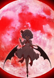  1girl absurdres arm_at_side backlighting balancing bat_wings bow collared_dress commentary_request dress evil_smile fingernails frilled_dress frilled_sleeves frills full_body full_moon glowing glowing_eyes gokuu_(acoloredpencil) hair_between_eyes half-closed_eyes hand_up hat hat_ribbon highres low_wings mary_janes mob_cap moon neck_ribbon outdoors outstretched_arm outstretched_hand puffy_short_sleeves puffy_sleeves red_bow red_moon red_ribbon red_shoes red_theme remilia_scarlet revision ribbon sash shoes short_hair short_sleeves slit_pupils smile solo standing standing_on_one_leg touhou vampire wings wrist_cuffs 