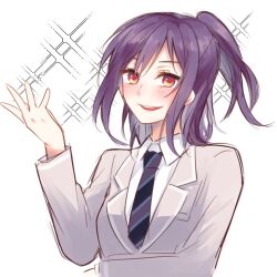  1girl arm_across_waist bang_dream! bang_dream!_girls_band_party! black_necktie blazer commentary_request diagonal-striped_clothes diagonal-striped_necktie grey_jacket half_updo hand_up haneoka_school_uniform highres jacket looking_at_viewer medium_hair necktie open_mouth purple_hair red_eyes school_uniform seta_kaoru shirt sidelocks simple_background smile solo sparkle striped_clothes striped_necktie succhii_(pikaru) teeth upper_teeth_only white_background white_shirt 