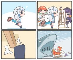  >_< 4girls :3 ^_^ absurdres animalization aqua_hair beret black_dress blue_hair blunt_bangs blush_stickers canvas_(object) closed_eyes dress earrings ebi-chan_(gawr_gura) fins fish_tail gawr_gura gawr_gura_(school_uniform) gawr_gura_(shark) hair_ornament halo hand_fan hat highres hololive hololive_english jewelry kfp_employee_(takanashi_kiara) long_hair modeling mpien multiple_girls naked_towel ninomae_ina'nis ninomae_ina'nis_(casual) nude_modeling official_alternate_costume open_mouth orange_hair paper_fan purple_hair rabbit_hair_ornament running_fish_stubbing_toe shark_tail sharp_teeth sitting skirt socks stool stubbing_toe tail takanashi_kiara takanashi_kiara_(phoenix) takodachi_(ninomae_ina'nis) teeth tentacle_hair towel two_side_up uchiwa virtual_youtuber white_hair 