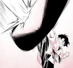  amayuki318 angry black_hair clenched_teeth commentary_request dougi dragon_ball dragon_ball_z feet_out_of_frame fighting_stance from_below gradient_background hair_between_eyes high_kick highres hitting kicking long_sleeves martial_arts_belt motion_lines pink_background punching_bag short_hair sweatdrop teeth undershirt videl white_background 