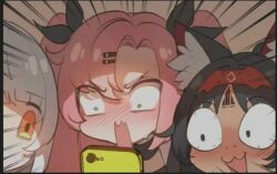 anby_demara animal_ears blush cellphone long_hair multiple_girls nekomiya_mana nicole_demara phone short_hair smartphone zenless_zone_zero