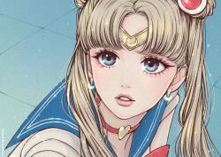  1girl absurdres bishoujo_senshi_sailor_moon blonde_hair blue_eyes blue_sailor_collar choker circlet commentary_request crescent crescent_earrings double_bun earrings hair_bun heart heart_choker highres jewelry long_hair magical_girl meme naho_graphics red_choker sailor_collar sailor_moon sailor_moon_redraw_challenge_(meme) sailor_senshi_uniform solo tile_floor tiles tsukino_usagi 