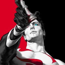  1boy blood blood_splatter blue_eyes chess_piece clark_kent closed_mouth commentary covered_pectorals dc_comics english_commentary gloves highres holding holding_chess_piece king_(chess) long_sleeves looking_at_viewer male_focus osi051_(osiovi051) pectorals short_hair short_sideburns sideburns skin_tight solo superman superman_(series) upper_body very_short_hair 