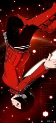  1girl absurdres arashiyama_squad's_uniform artist_request black_hair black_pants boots breasts copyright_name copyright_notice foot_out_of_frame from_side gun highres jacket kitora_ai knee_boots long_sleeves looking_at_viewer medium_breasts official_alternate_costume official_art official_wallpaper pants red_boots red_jacket scorpion_(world_trigger) second-party_source short_hair solo teeth upside-down violet_eyes weapon world_trigger 