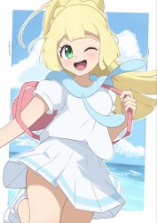  1girl backpack bag blonde_hair blue_sky blunt_bangs blush border braid braided_base clouds cloudy_sky commentary_request green_eyes highres holding holding_bag hood hoodie legs lillie_(pokemon) ocean one_eye_closed open_mouth oronamin_poke pokemon pokemon_sun_and_moon ponytail ponytail_with_braided_base shirt short_sleeves sidelocks skirt sky solo teeth upper_teeth_only water white_border white_shirt 