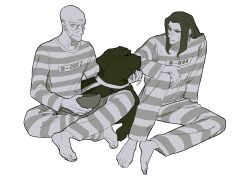  2boys absurdres ace_attorney ace_attorney_investigations ace_attorney_investigations_2:_prosecutor's_gambit animal bald barefoot bodhidharma_kanis bowl closed_mouth commentary_request confused crossed_ankles dog expressionless feet furrowed_brow greyscale hand_on_own_knee helmut_(ace_attorney) highres holding holding_bowl knee_up korean_commentary long_hair long_sleeves looking_at_animal looking_at_another male_focus monochrome multiple_boys old old_man prison_clothes saman_zero7 sidelocks simeon_saint simple_background striped_jumpsuit sweatdrop toes white_background wrinkled_skin 