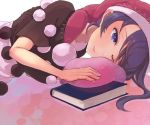  1girl blob blue_eyes blue_hair book doremy_sweet dress hat lying nightcap one_eye_closed pom_pom_(clothes) shirt short_hair skirt smile solo touhou yasakae 