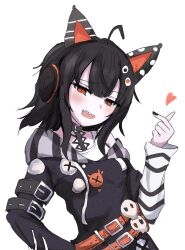 1girl ahoge animal_ear_headphones animal_ears arm_belt asymmetrical_sleeves bare_shoulders belt belt_collar black_choker black_hair black_nails black_sweater cat_ear_headphones cat_ears choker collar commentary_request cross-laced_clothes cross-laced_dress dot_nose eyeball_hair_ornament fake_animal_ears finger_heart hand_on_own_hip headphones heart highres kenpopor18 long_sleeves looking_at_viewer mahou_shoujo_no_majo_saiban multicolored_hair nail_polish off-shoulder_sweater off_shoulder open_mouth orange_eyes orange_streaks sawatari_coco sharp_teeth shirt short_hair simple_background single_bare_shoulder skull sleeveless sleeveless_shirt solo streaked_hair striped_sleeves stuffed_animal stuffed_cat stuffed_toy sweater teeth upper_body white_background white_shirt 