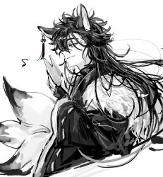 1boy alternate_costume animal_ears bishounen closed_mouth commentary_request earrings facial_mark fang fang_out fingerless_gloves fingernails fox_boy fox_ears fox_tail from_side fur-trimmed_kimono fur_trim gloves greyscale hair_down hand_up holding holding_mask japanese_clothes jewelry kemonomimi_mode kimono kitsune kyuubi long_hair long_sleeves male_focus mask monochrome multiple_tails musical_note profile robe sharp_fingernails shiguang_dailiren simple_background single_earring sketch smile solo tail tassel tassel_earrings turtleneck tyoookozuki unworn_mask upper_body white_background wide_sleeves xiao_weiying 