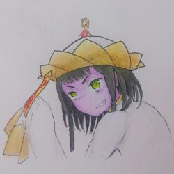  1girl black_hair braid braided_sidelocks bright_pupils chinese_clothes colored_pencil_(medium) commentary dress from_side green_eyes grin hand_up hat hat_tassel jiangshi medium_hair niang-niang ofuda ofuda_on_hat qingdai_guanmao qipao short_hair_with_long_locks sidelocks sleeves_past_fingers sleeves_past_wrists smile solo tatararashi toaru_majutsu_no_index toaru_majutsu_no_index:_new_testament traditional_media undead upper_body v-shaped_eyebrows violet_eyes white_background white_dress white_pupils 