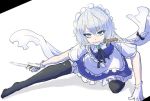  1girl blue_eyes fighting_stance gloves hakuro109 holding_knife izayoi_sakuya knife looking_at_viewer motion_blur mouth_hold solo symbol_in_eye time touhou white_gloves 