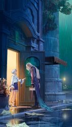  1boy 1girl absurdres anafigreen artist_name blue_hair boots cake coat commentary english_commentary flower food from_side full_body furina_(genshin_impact) genshin_impact gloves grey_hair hair_ornament height_difference highres holding lamppost lips long_hair long_sleeves looking_at_another low-tied_long_hair multicolored_hair neuvillette_(genshin_impact) open_door outdoors pointy_ears puddle rain reaching reaching_towards_another reflection reflective_liquid road shirt short_hair shorts sleeves_past_wrists slippers slouching standing street two-tone_hair very_long_hair water wet wet_clothes wet_hair white_hair 