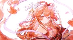  1girl absurdres arknights bare_shoulders bow-shaped_hair chinese_clothes chinese_commentary closed_mouth commentary_request coral_hair_ornament earrings feixianji_(hairstyle) fish goldfish hair_between_eyes hair_ornament hair_rings hair_stick hanfu haruka_(arknights) haruka_(stranded_in_utopia)_(arknights) highres jewelry long_hair looking_at_viewer mi_yao_hongcha official_alternate_costume orange_hair pointy_ears simple_background solo upper_body white_background 