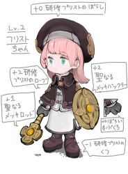  1girl aqua_eyes beret boots brown_boots brown_capelet brown_hat capelet chibi closed_mouth coat commentary_request eyelashes fantasy full_body gloves grey_gloves hat highres holding holding_scepter holding_shield jun_(navigavi) long_sleeves looking_to_the_side medium_hair original partial_commentary pink_hair round_shield scepter shadow shield simple_background solo standing translation_request white_background white_coat 