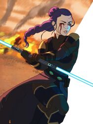  1girl absurdres artist_name blood blood_from_eyes blue_lightsaber brown_gloves commentary double_bladed_lightsaber energy_sword english_commentary fire gloves highres jedi lightsaber long_hair one_eye_closed orugadraws ponytail purple_hair solo star_wars sword weapon 