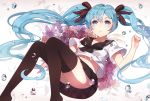  1girl blue_eyes blue_hair bubble hair_ribbon hatsune_miku levi9452 long_hair open_mouth ribbon school_uniform serafuku solo twintails very_long_hair vocaloid 