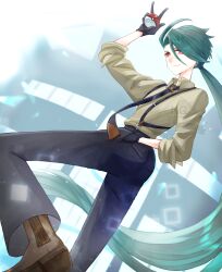  1girl absurdres ahoge androgynous ass asymmetrical_bangs black_gloves black_necktie black_pants bright_pupils closed_mouth collared_shirt commentary earrings gloves green_hair hand_in_pocket hand_up highres holding holding_poke_ball jewelry leg_up long_hair low_ponytail marushi_(marusiiiil) necktie pants poke_ball poke_ball_(basic) pokemon pokemon_scarlet_and_violet ponytail red_eyes reverse_trap rika_(pokemon) shirt smile solo suspenders triangle_earrings v white_pupils 