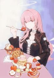  apple apple_costume apple_peel apple_pie arknights bitten_apple black_jacket chinese_commentary closed_mouth commentary_request cupcake detached_wings exusiai_(arknights) food food_bite fruit halo highres holding holding_spoon ice_cream jacket lemuen_(arknights) long_hair long_sleeves looking_at_viewer mini_person minigirl ning_meng_ni pie pink_eyes pink_hair sitting smile spoon table traditional_halo upper_body wings 
