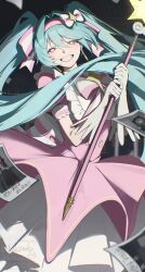  1girl absurdres aqua_hair bib_collar bow bowtie commentary_request cowboy_shot dress gloves grin hairband hatsune_miku highres holding holding_wand ima_sugu_rinne_(vocaloid) large_bow layered_dress long_dress long_hair magical_girl photo_(object) pink_bow pink_bowtie pink_dress pink_hairband polaroid_photo puffy_short_sleeves puffy_sleeves short_sleeves signature smile solo star-shaped_pupils star_(symbol) star_wand symbol-shaped_pupils twintails twitter_username under-elbow_gloves very_long_hair violet_eyes vocaloid wand watermark white_gloves yandere yukihira_makoto 