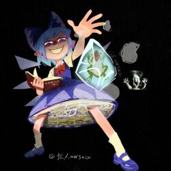  1girl absurdres artist_name black_background blue_bow blue_dress blue_eyes blue_hair blue_shoes book bow bowtie chinese_commentary cirno collared_shirt commentary_request detached_wings dress evil_grin evil_smile frog frozen frozen_frog full_body grin grmarsa hair_bow highres holding holding_book ice ice_wings mary_janes open_book photo_inset pinafore_dress pointy_ears red_bow red_bowtie shirt shoes short_sleeves simple_background sleeveless sleeveless_dress smile socks solo touhou white_shirt white_socks wings 