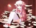  1girl book book_stack bow capelet crescent dress full_body hair_bow hat indoors lamp long_hair long_sleeves looking_at_viewer mob_cap narira open_book open_mouth patchouli_knowledge purple_hair ribbon shoes sitting smile solo thigh-highs touhou violet_eyes white_legwear wide_sleeves 