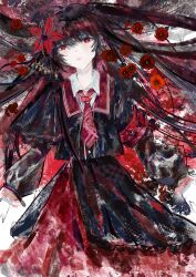  1girl armband black_capelet black_hair black_shirt black_skirt capelet collared_shirt commentary cowboy_shot crown flower gloves hair_flower hair_ornament highres layered_skirt long_hair long_skirt long_sleeves looking_at_viewer mahou_shoujo_no_majo_saiban mini_crown necktie nikaido_hiro open_mouth overskirt plaid_clothes plaid_necktie qisan4l3f red_armband red_eyes red_flower red_necktie red_skirt shirt side_capelet skirt solo untranslatable_commentary white_gloves white_shirt 