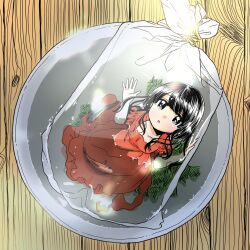  1girl bag black_eyes black_hair bowl collarbone commentary_request dress fish goldfish highres long_hair mini_person minigirl muzukite original plastic_bag red_dress solo table wooden_table 