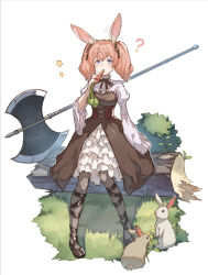  1girl ? animal_ears axe blue_eyes brown_dress brown_ribbon carrot corset cross-laced_clothes cross-laced_corset dress grass hair_ribbon highres holding holding_carrot linie_(sousou_no_frieren) long_hair long_sleeves pink_hair rabbit rabbit_ears ribbon simple_background solo sousou_no_frieren twintails ve_0ekaki weapon white_background white_dress 