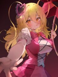  1girl absurdres beckoning blonde_hair blush_stickers bow bowtie breasts commentary_request corrupted_twitter_file cowboy_shot don_quixote_(project_moon) dress e.g.o_(project_moon) floating_hair frilled_dress frills hair_between_eyes hair_ornament heart heart_hair_ornament highres in_the_name_of_love_and_hate_(e.g.o) korean_commentary large_breasts lobotomy_corporation long_hair long_sleeves looking_at_viewer looking_up magical_girl official_alternate_costume pink_bow pink_bowtie pink_skirt project_moon reaching reaching_towards_viewer simple_background skirt solo tongue tongue_out two_side_up yellow_eyes yungun_(dbsrjsdn0330) 
