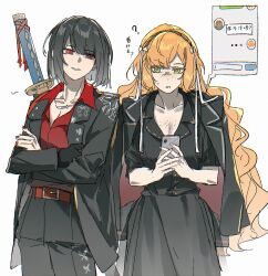  2girls belt black_coat black_dress black_gloves black_hair black_pants coat coat_on_shoulders crossed_arms dress freckles gloves highres holding holding_phone ishmael_(project_moon) ji93495166 katana limbus_company long_hair multiple_girls orange_hair pants phone project_moon queequeg_(project_moon) red_eyes red_skirt ryoshu_(project_moon) short_hair skirt smirk standing sword text_messaging weapon white_background 