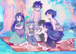  2girls 4boys antenna_hair aubrey_(headspace)_(omori) aubrey_(omori) barefoot basil_(headspace)_(omori) basil_(omori) black_eyes black_hair black_tank_top blue_overalls blue_shirt blush book bow brother_and_sister brothers checkered_blanket checkered_clothes closed_eyes closed_mouth collared_pajamas collared_shirt colored_skin copyright_name day double-parted_bangs flower flower_wreath green_eyes green_hair green_shirt hair_between_eyes hair_bow head_wreath hero_(headspace)_(omori) hero_(omori) highres jar kel_(headspace)_(omori) kel_(omori) kneeling knees_up long_hair long_shirt looking_at_another mari_(headspace)_(omori) mari_(omori) multiple_boys multiple_girls omori omori_(omori) open_mouth outdoors overall_shorts overalls pajamas picnic_basket picnic_blanket pink_bow red_skirt seiza shirt short_hair short_sleeves shorts siblings sidelocks sitting skirt smile striped_clothes striped_pajamas striped_shorts tank_top toukashi_(2tou9) tree vertical-striped_clothes vertical-striped_pajamas vertical-striped_shorts white_pajamas white_shorts white_skin 