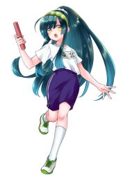  1girl absurdres edomura_niniko full_body green_hair gym_uniform highres kneehighs long_hair name_tag official_art open_mouth ponytail purple_shorts relay_baton shirt shoes short_sleeves shorts sidelocks simple_background sneakers socks solo standing standing_on_one_leg touhoku_zunko transparent_background very_long_hair voiceroid white_shirt white_socks yellow_eyes 