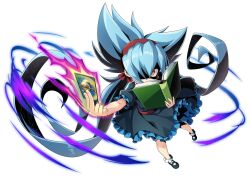  1girl artist_request aura blue_dress blue_hair blue_shoes book bow card covered_mouth curly_ends dark_aura dress duel_masters duel_masters_play's from_above fua_yuu_(duel_masters) hair_bow hairband holding holding_book holding_card long_hair official_art open_book red_bow red_hairband sanpaku shaded_face shoes socks solo third-party_source trading_card transparent_background very_long_hair white_socks yellow_eyes 