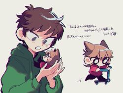  2boys animification antenna_hair black_pants black_shoes blush brown_hair chibi drawstring edd_(eddsworld) eddsworld eye_contact flipped_hair green_hoodie grey_eyes hair_behind_ear hair_ears highres holding holding_mini_person hood hood_down hoodie kil_(vs_kil) long_sleeves looking_at_another male_focus mini_person miniboy motor_vehicle multiple_boys multiple_views pants red_hoodie scooter shoes short_hair simple_background tord_(eddsworld) translation_request upper_body white_background white_eyes 