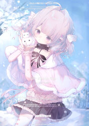  1girl ahoge black_bow black_skirt blue_sky blush bow braid capelet commentary_request day frilled_capelet frilled_skirt frills fur-trimmed_capelet fur_trim hair_bow hair_intakes hair_ornament hands_up heart highres holding long_sleeves looking_at_viewer miyasaka_miyabi original outdoors parted_lips pink_capelet pink_hair pink_sweater pleated_skirt skirt sky snow solo sweater thigh-highs tree violet_eyes watermark white_bow white_thighhighs 