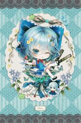 1girl :p ;p bird bird_request blue_background blue_bird blue_bow blue_butterfly blue_dress blue_eyes blue_flower blue_hair bow bowtie bug butterfly character_and_character_item character_doll character_name checkered_background cirno cirno_day collared_shirt commentary_request detached_wings doll dress flower flower_request food frilled_dress frills full_body fumo_(doll) hair_between_eyes hair_bow hair_flower hair_ornament highres holding holding_food holding_popsicle hourai_kiriri ice ice_cream ice_wings looking_at_viewer one_eye_closed pinafore_dress popsicle red_bow red_bowtie shirt sitting sleeveless sleeveless_dress socks solo tongue tongue_out touhou v wafer_stick watermelon_bar white_flower white_shirt white_socks wings yellow_flower 