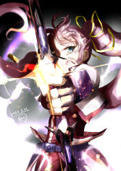  1girl 2023 aiming aiming_at_viewer artist_name ban_(777purin) black_gloves blue_eyes bow_(weapon) braid closed_mouth commentary_request concentrating cropped_jacket dated diffraction_spikes drawing_bow fingerless_gloves floating_hair frown gloves hair_ribbon half_up_braid high_ponytail highres holding holding_bow_(weapon) holding_weapon jacket laevatein_(nanoha) long_hair lyrical_nanoha mahou_shoujo_lyrical_nanoha mahou_shoujo_lyrical_nanoha_a's open_clothes open_jacket partially_shaded_face pink_hair ponytail puffy_short_sleeves puffy_sleeves ribbon short_sleeves sidelocks signature signum solo tassets upper_body v-shaped_eyebrows very_long_hair waist_cape weapon white_jacket yellow_ribbon 