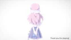  1girl arms_behind_back blue_skirt english_text facing_away flower game_asset hair_ribbon highres holding holding_flower long_hair non-web_source pink_hair ribbon self-datamine shiro_(the_seven_days_i_spent_with_you) shirt simple_background skirt solo the_seven_days_i_spent_with_you variant_set white_background white_ribbon white_shirt 
