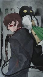  1boy 1other absurdres brown_eyes brown_hair cat chinese_commentary commentary_request demon_(megami_tensei) from_behind grey_background high_collar highres long_sideburns looking_ahead persona persona_(summon) persona_2 persona_2_batsu prsn_ebbb_(ebibibi) red_shirt shirt short_hair sideburns suit sunglasses suou_katsuya 
