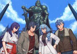  2boys 2girls aged_up artist_name asymmetrical_bangs belt black_hair blue_eyes blue_hair blue_sky bomber_jacket borrowed_character brother_and_sister butterfly_hair_ornament claire_rieveldt clouds coat collarbone commission day double-parted_bangs dress eiyuu_densetsu english_commentary family floating_hair front_zipper glasses grey_scrunchie hair_between_eyes hair_ornament hair_over_shoulder hair_scrunchie hairclip half-closed_eyes hand_on_another's_back hand_on_own_hip heart_pendant jacket jewelry long_hair long_sleeves multiple_boys multiple_girls narrowed_eyes necklace open_clothes open_coat original outdoors parent_and_child partially_unzipped pendant pleated_skirt print_skirt purple_belt purple_hair rean_schwarzer rectangular_eyewear red_eyes red_sash red_shirt sash scrunchie sen_no_kiseki_(series) shg_(hiomaika) shirt shirt_tucked_in short_hair short_sleeves siblings skirt sky smile standing statue suit_coat suit_pants swept_bangs twitter_username upper_body v-shaped_eyebrows violet_eyes waist_sash white_belt white_coat white_dress white_skirt zipper_pull_tab 
