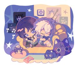  1boy 1girl artist_request black_cat black_hair black_pants black_tank_top blunt_ends braid braided_hair_rings bright_pupils cat character_doll character_request chibi chibi_only circle_hands closed_eyes closed_mouth commentary commission couch couple crossed_bangs crown_braid doll electric_guitar eyelashes facing_down genshin_impact green_sleeves grey_shorts guitar hair_between_eyes hair_intakes hair_ornament hair_rings hetero highres holding indoors instrument looking_at_another loose_socks medium_hair musical_note oc_x_canon on_couch original pants pillow plaid_clothes plaid_sleeves puffy_sleeves scaramouche_(cat)_(genshin_impact) scaramouche_(genshin_impact) second-party_source short_shorts shorts sitting smile socks star_(symbol) star_hair_ornament tank_top untranslatable_commentary violet_eyes wallpaper_(object) white_hair white_pupils white_socks wispy_bangs 