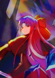  1girl arc52088 black_bow black_capelet black_dress blue_hair bow breasts capelet crystal dress fur-trimmed_capelet fur_trim hair_bow highres len_(tsukihime) long_hair long_sleeves looking_at_viewer pointy_ears red_eyes ribbon smile solo tsukihime 